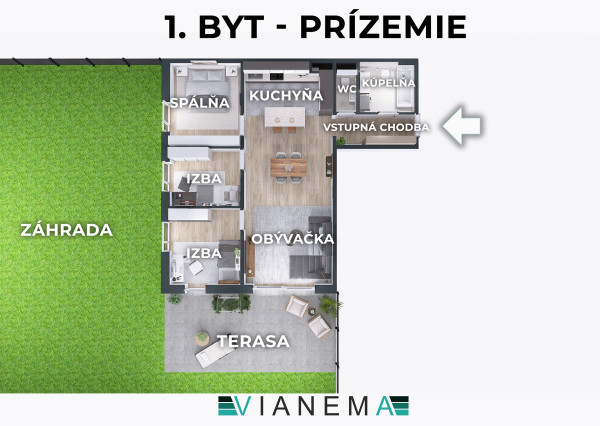 IBA U NÁS! Byt s benefitmi domu, 4i, terasa a pozemok 450m2