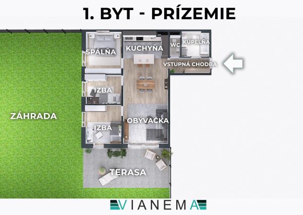 IBA U NÁS! Byt s benefitmi domu, 4i, terasa a pozemok 450m2