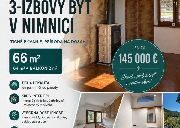 UŽ ČOSKORO V PONUKE | Byt s krbom v obľúbenej Nimnici, PU