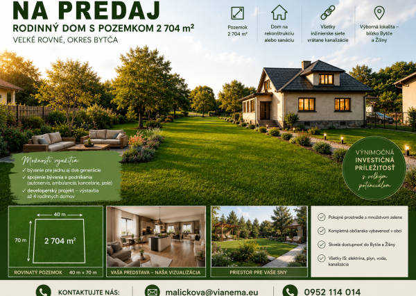 Na predaj rodinný dom s pozemkom 2 704 m² – Veľké Rovné