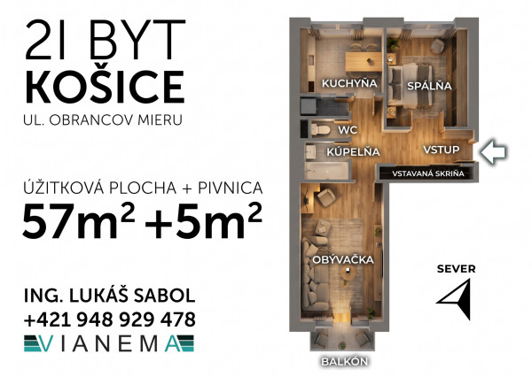Priestranný 2 izbový byt s balkónom, Košice, Obrancov mieru