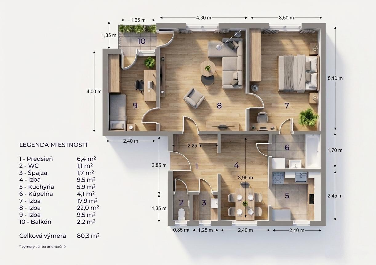3,5-izbový tehlový byt s balkónom, Pavlovičovo námestie